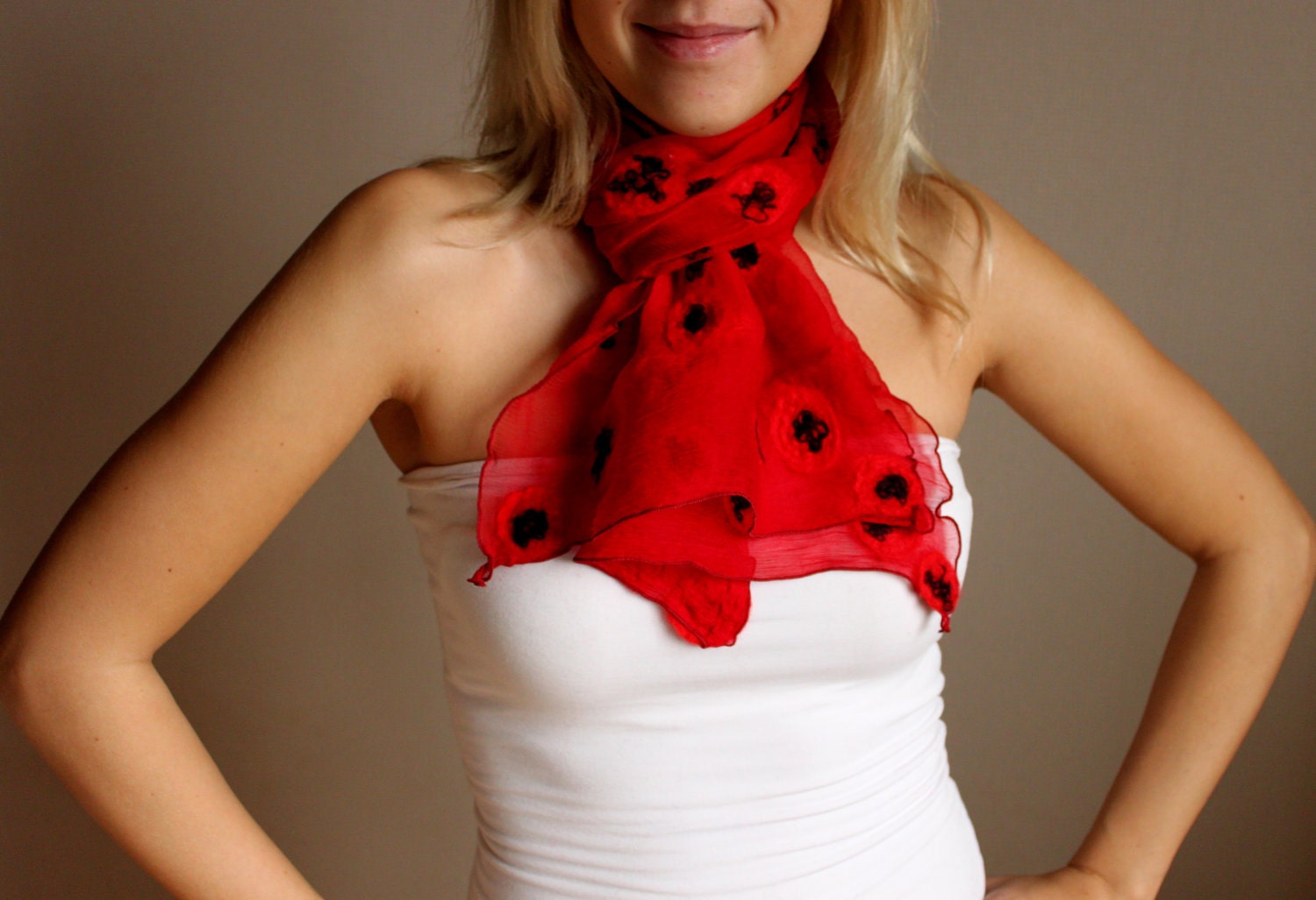 Summer silk scarf '' Red poppies'' with felted wool flowers /hmet/eco friendly/rusteam/etsy lush - handmadeineurope