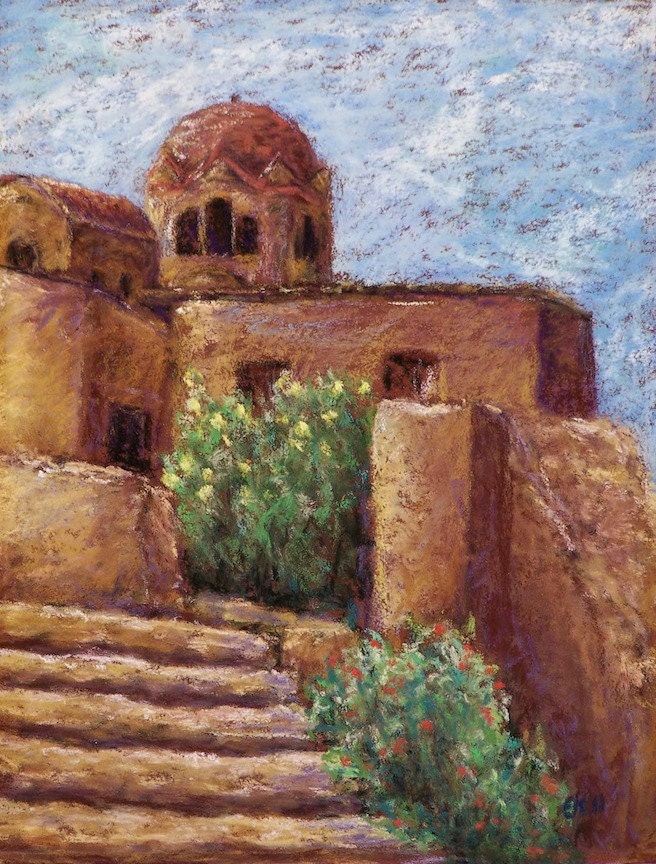 Mystras with Lemons and Geraniums original pastel painting