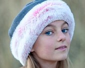 Girls Hat Grey Polar Fleece with Luxurious Pink Faux Fur Trim