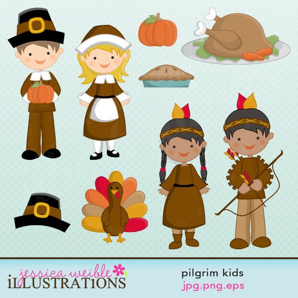 Pilgrim Kids Cute Digital Clipart for Card Design, Scrapbooking, and Web Design Il_170x135
