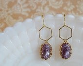 hex dangles- geometric vintage brass with vintage amethyst purple glass stones-mod