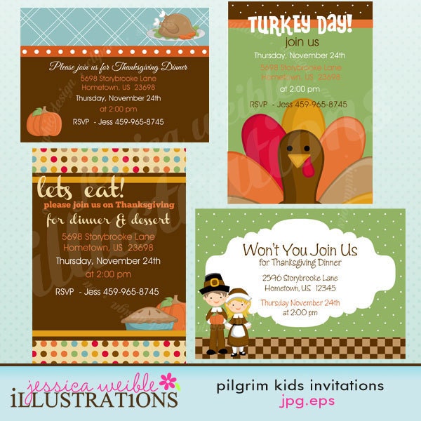 Pilgrim Kids Thanksgiving Premade Invitations Cards Invites, Commercial Use Il_170x135
