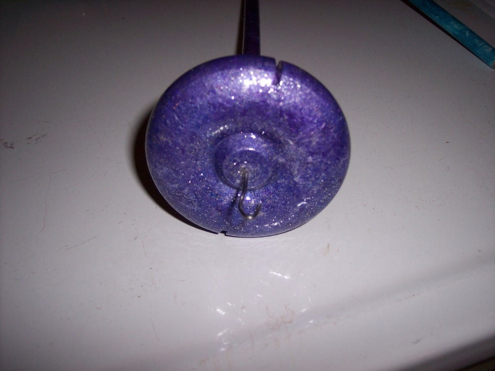 Drop Spindle, Handmade Wooden Purple Top Whorl, Notched for ease of spinning, 11" rod