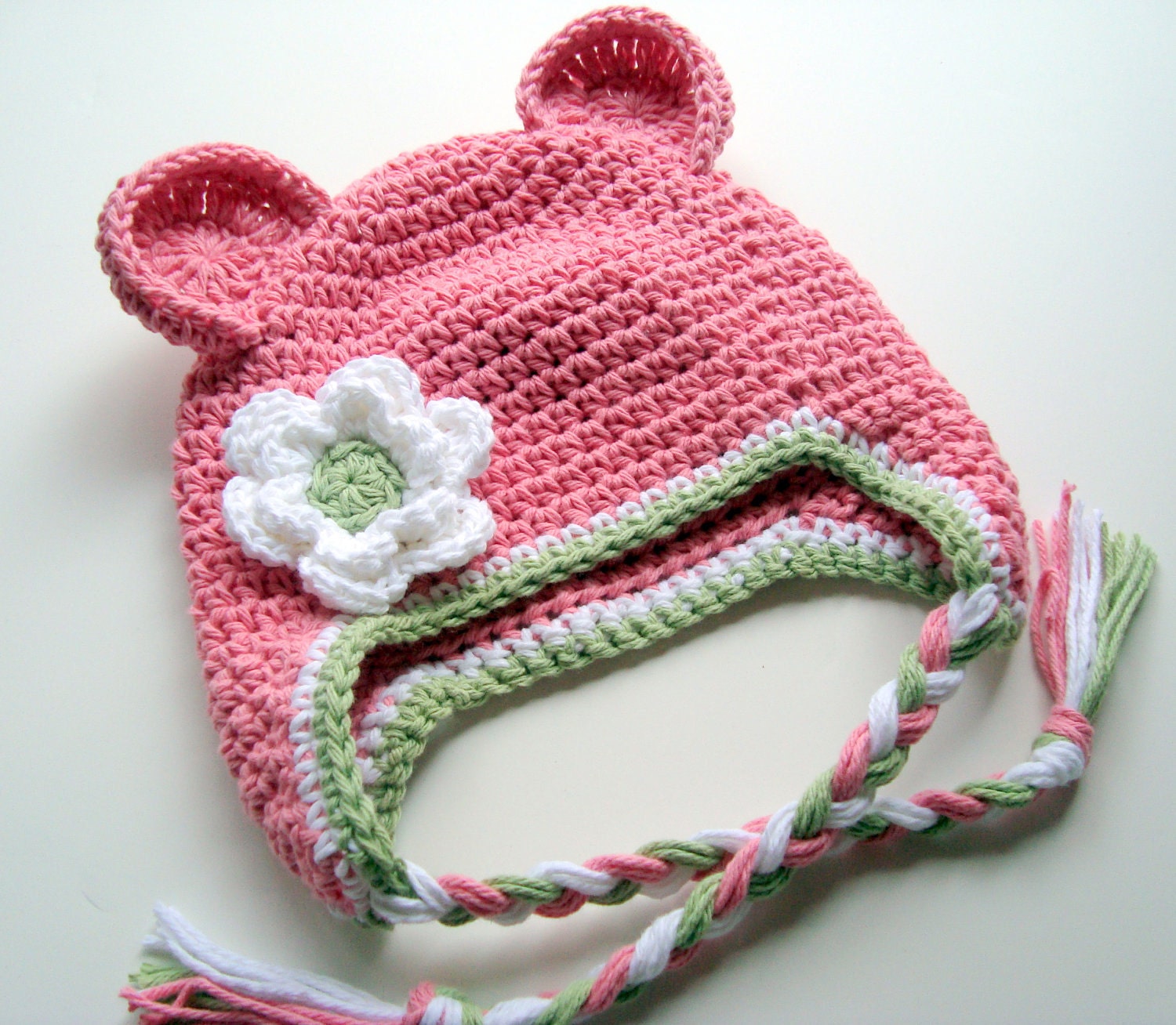 Girls Cotton Crochet Ear Flap Beanie Hat with Ears and Ties-Custom Made in Your Color Choices-MADE TO ORDER