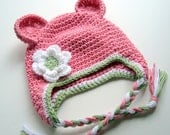 Girls Cotton Crochet Ear Flap Beanie Hat with Ears and Ties-Custom Made in Your Color Choices-MADE TO ORDER