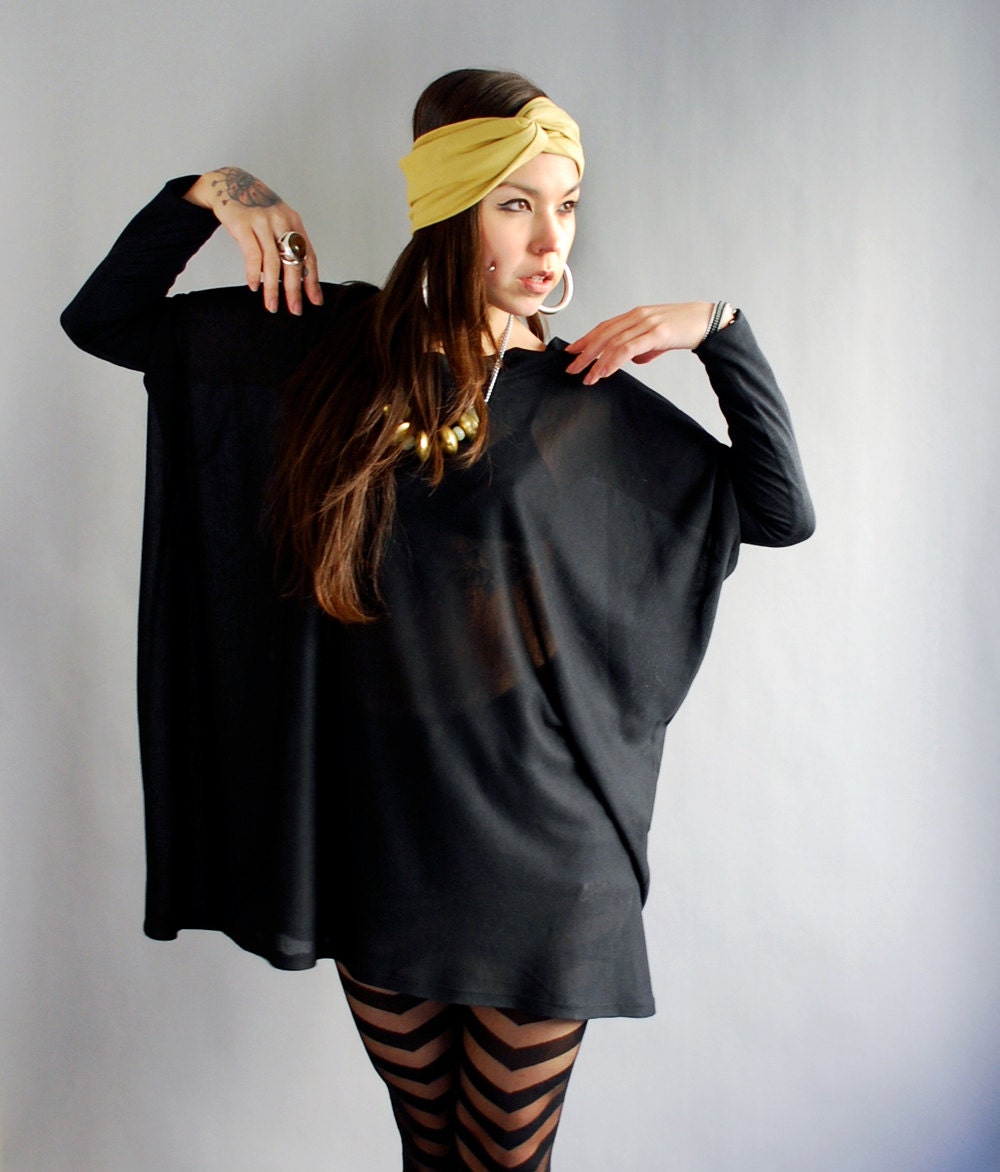 GIA - Semi Sheer Black Oversized Draped Long SleeveTunic  - MADE To ORDER