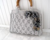 Grey handbag Gray knitted wool tote bags Roses Handmade Womens Valentines day gift ideas under 75 Sale Shabby chic winter accessories