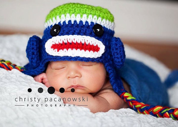 Newborn Lime, White & Royal Blue Sock Monkey Earflap Hat - Photography Prop