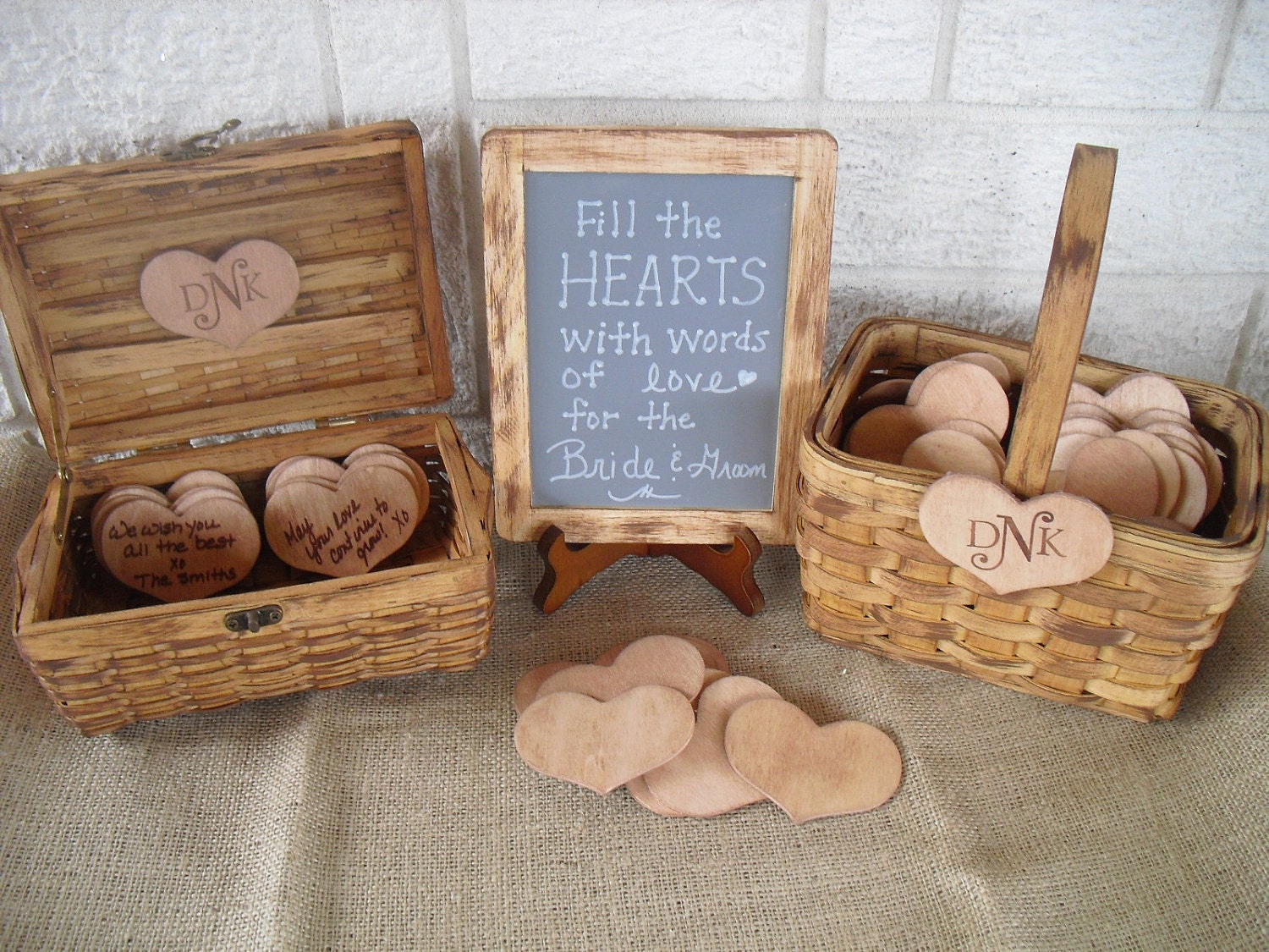 Wedding GUEST BOOK ALTERNATIVE Rustic Wood Set with Chalkboard and Easel with Basket - Large Set - Item 1034
