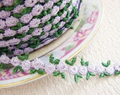 Venice Flower Applique Trim, Tiny Little Lavender Flowers with Green Leaves, 3 Yards