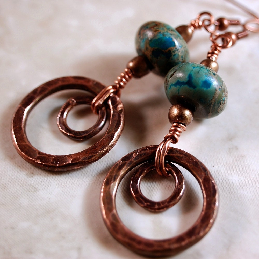 Green Jasper Earrings, Copper Earrings, Hammered Hoops