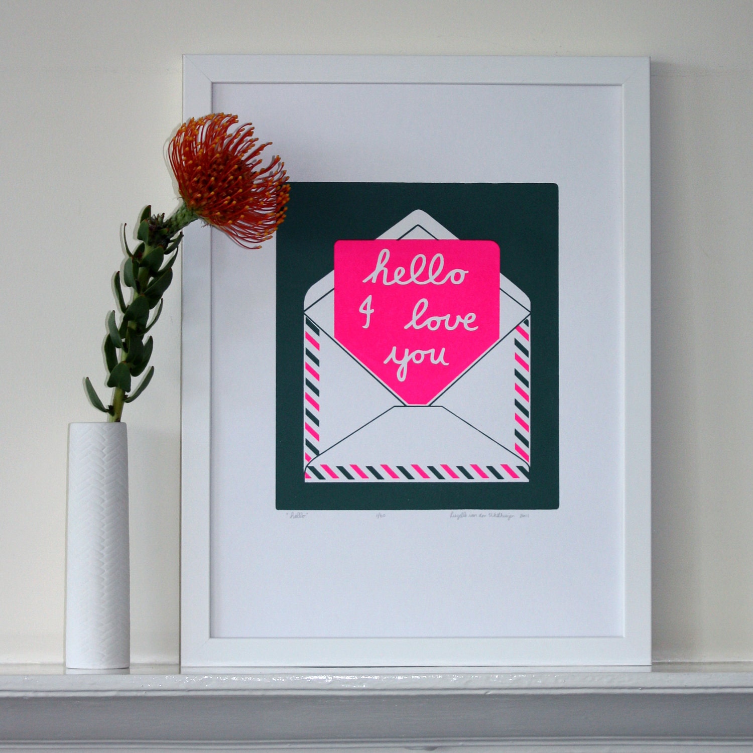 HELLO silkscreen print - Moss & Neon Pink
