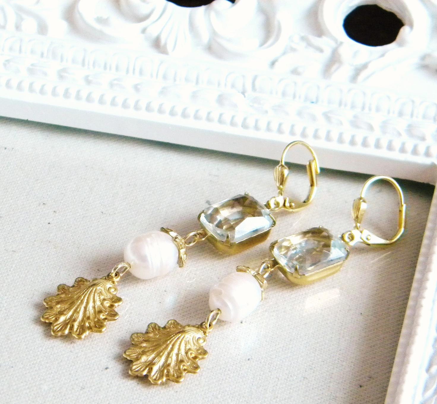 Clear Rhinestone Pearl Golden Sea shell Earrings Bridal Wedding Jewelry