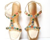 size 9.5 GLADIATOR gold leather 60s BEJEWELED medallion sandals