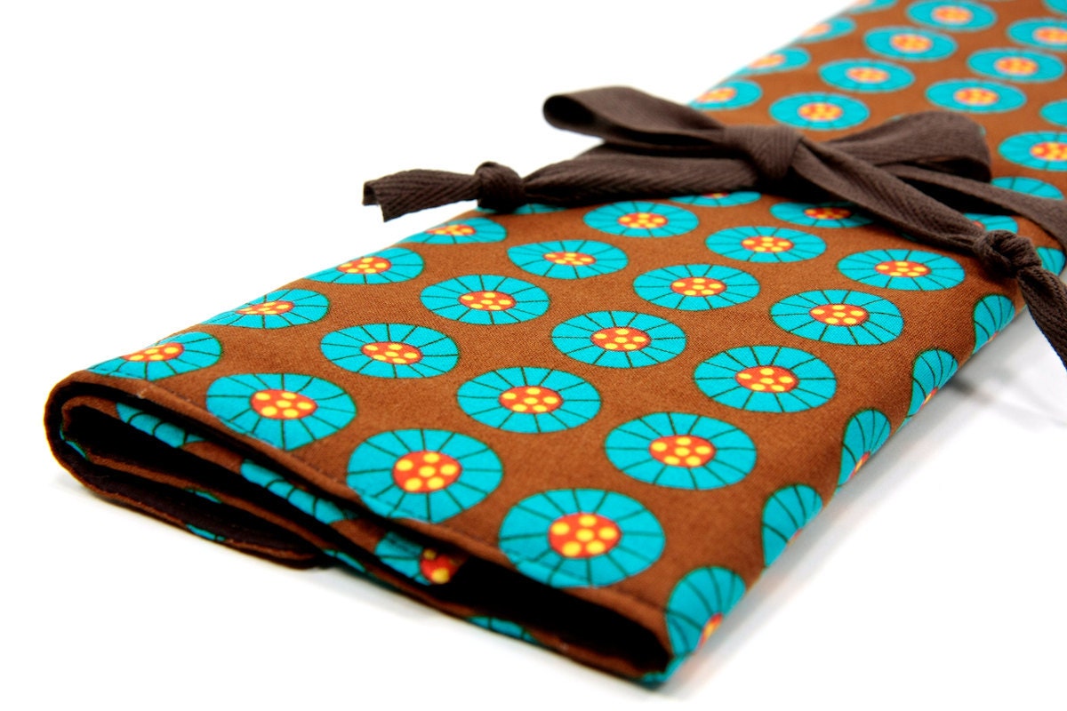 Large Knitting Needle Case Organizer - On the Bandwagon - 30 brown pockets for circular, straight, dpn, or paint brushes