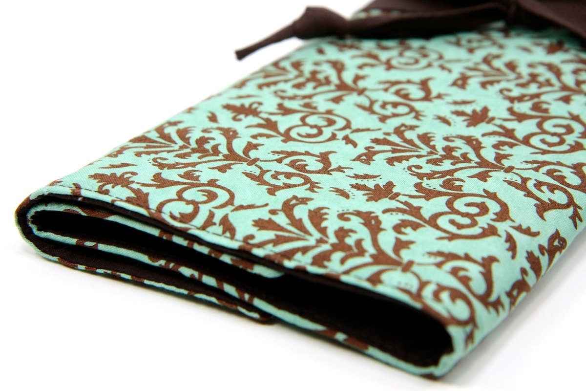 Large Knitting Needle Case Organizer - Brown Teal Paisley - 30 brown pockets for circular, straight, dpns