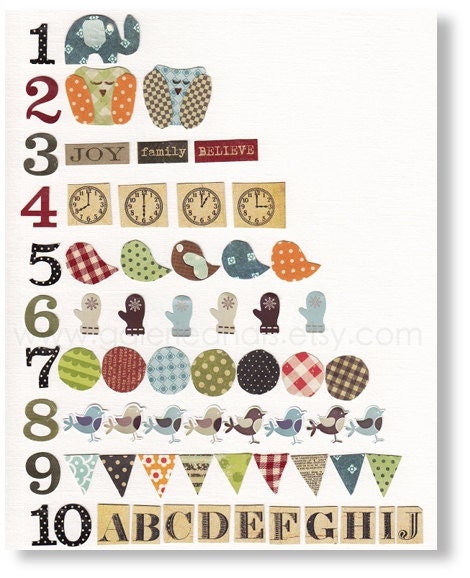 Nursery art, baby nursery decor, kids art, nursery print, nursery decor, Numbers Elephant Birds Owl, Count To Ten 8x10 print from Paris