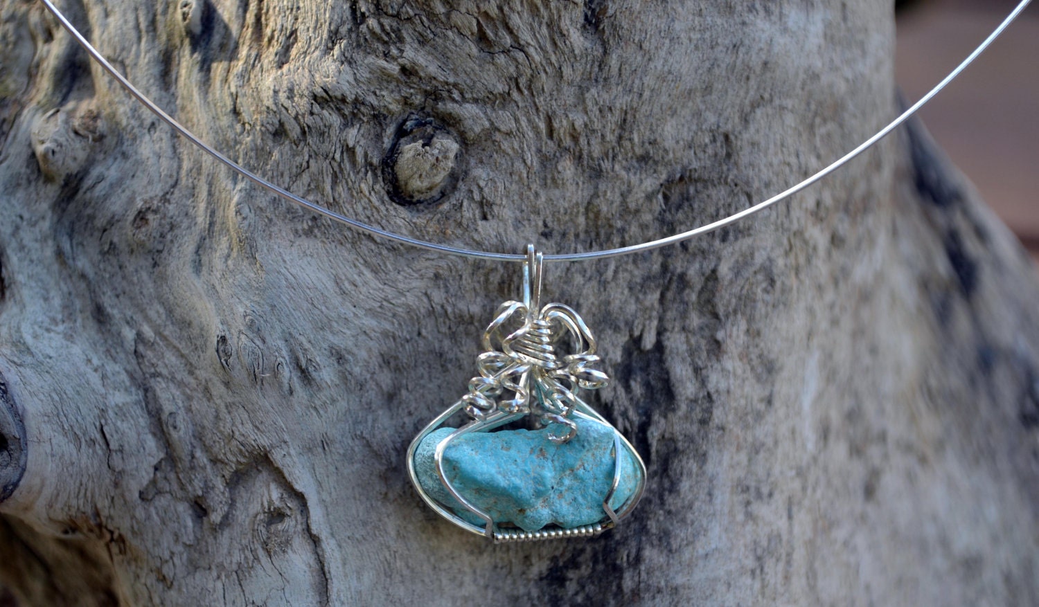 Turquoise Pendant Wire Wrapped in Stering Silver