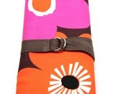 SHORT dpn or circular Knitting Needle Organizer Case - Big Pink and Orange Flowers on Brown - 24 brown pockets