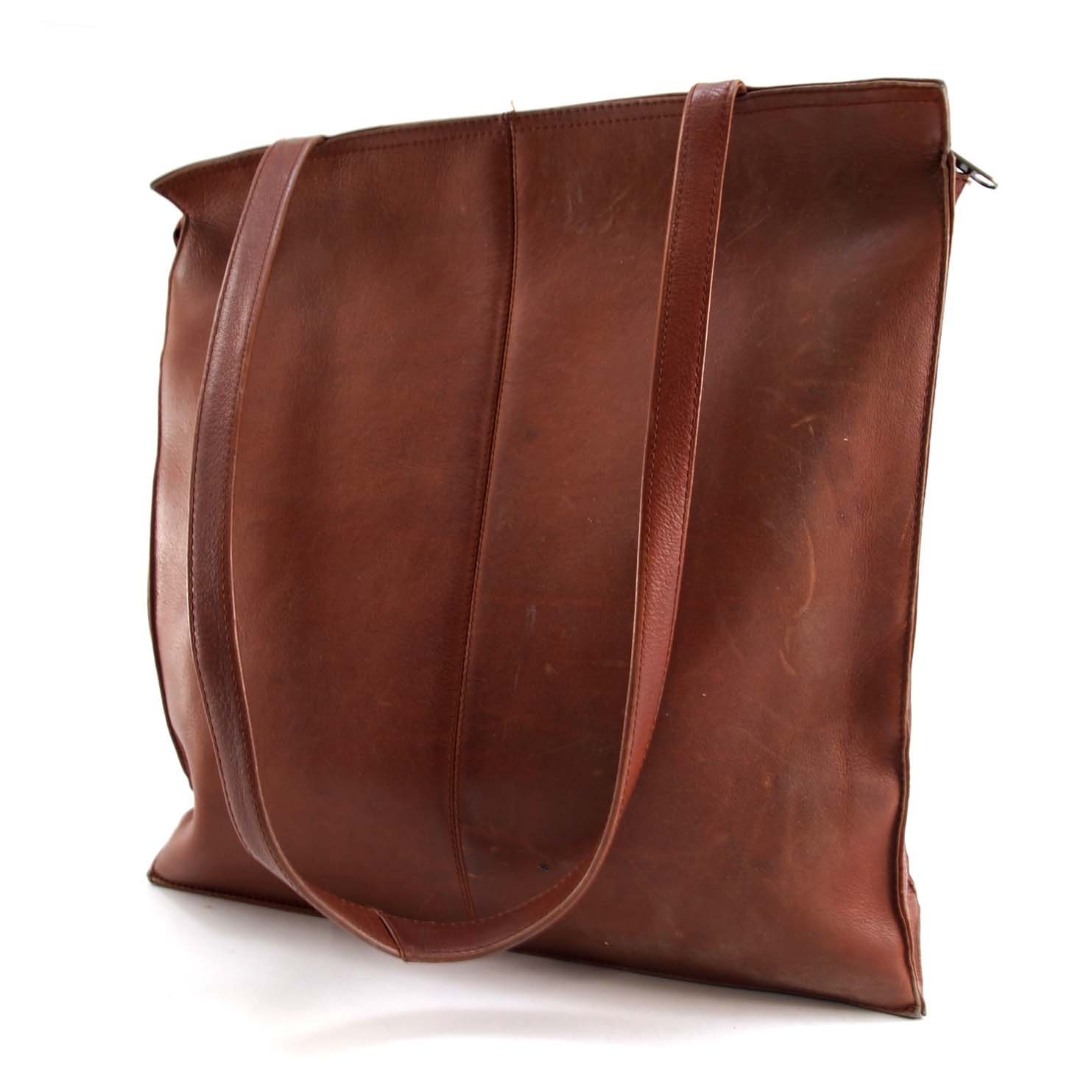Boho Brown Columbian Slick Leather Tote Bag with Attached Wallet