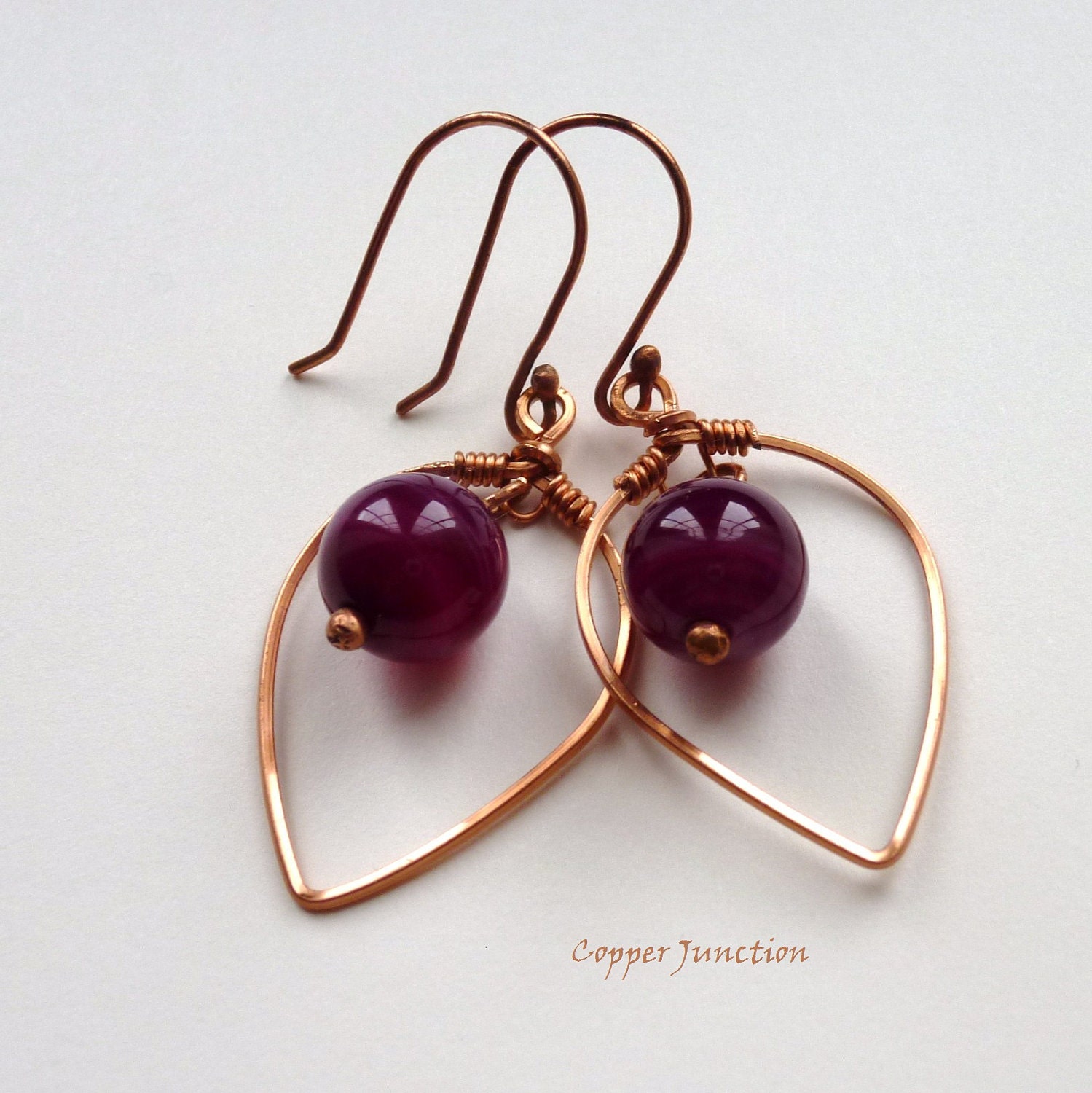 Plum Agate and Copper Wire wrapped Earrings