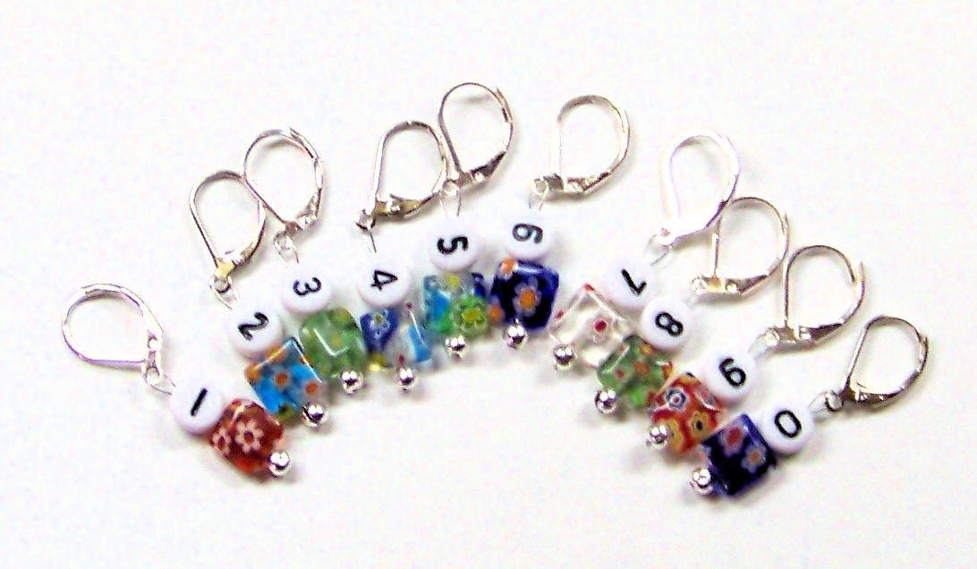 Removable Stitch Markers for Knitting or Crochet Numbered 1 to 10 Leverback with Millefiori