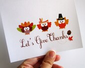 6 Thanksgiving Card set, Let's Give Thanks, adorable autumn Pilgrim, Indians and turkey owl card