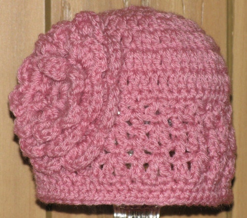 Hand Crocheted Hat  -  Baby Girl - Infant - Pink with Flower
