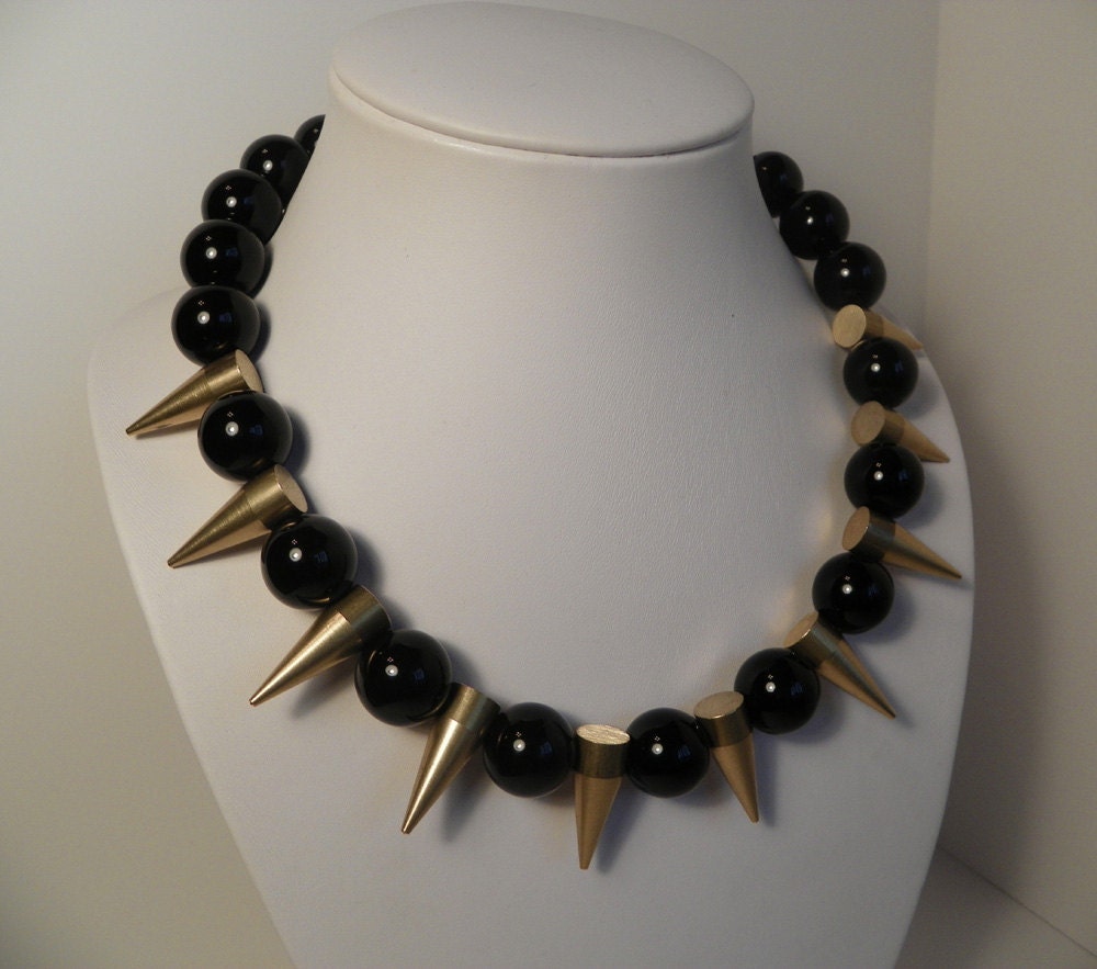 Black Onyx & Brass Spikes Chunky Beaded Statement Necklace - Revamped Vintage One of a Kind