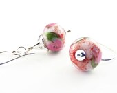 Pink Earrings - Sterling Silver & Lampwork Glass. Handmade pink green sterling silver earrings for pierced ears