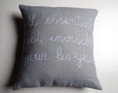 French quote pillow cover - 16x16 embroidered linen pillow cover - light grey linen - made to order