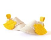 Newborn baby shoes Natural ecru white & yellow leaves, boys girls crib shoes, unisex baby booties, kids slippers