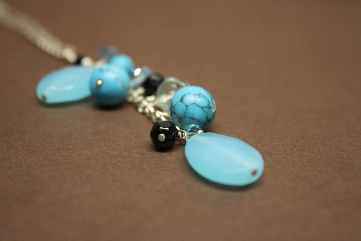 Sterling Silver  turquoise and black Cluster Necklace
