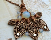 Pendant Antique and Raw Copper Sea Opal Wire Wrapped with Chain