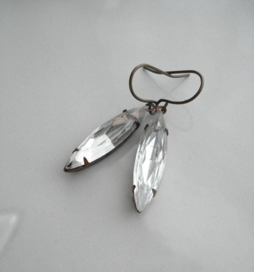 Crystal Clear Vintage Navette Earrings In Antiqued Brass, White, Icy, Winter Jewelry, Christmas