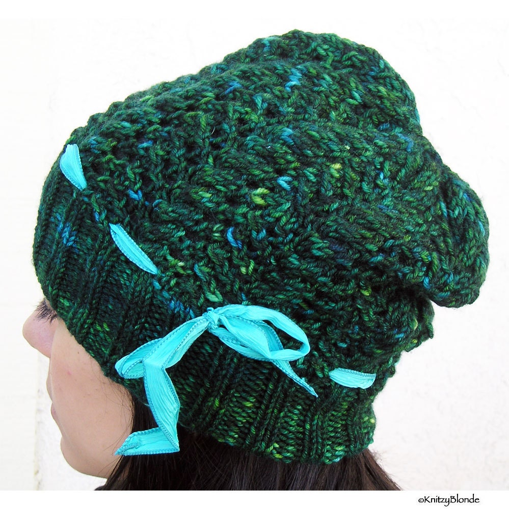 Slouch Hat, Hand Knit Cables & Lace, Hand Dyed Cashmere Merino Wool, Forest Green, Turquoise Silk Ribbon