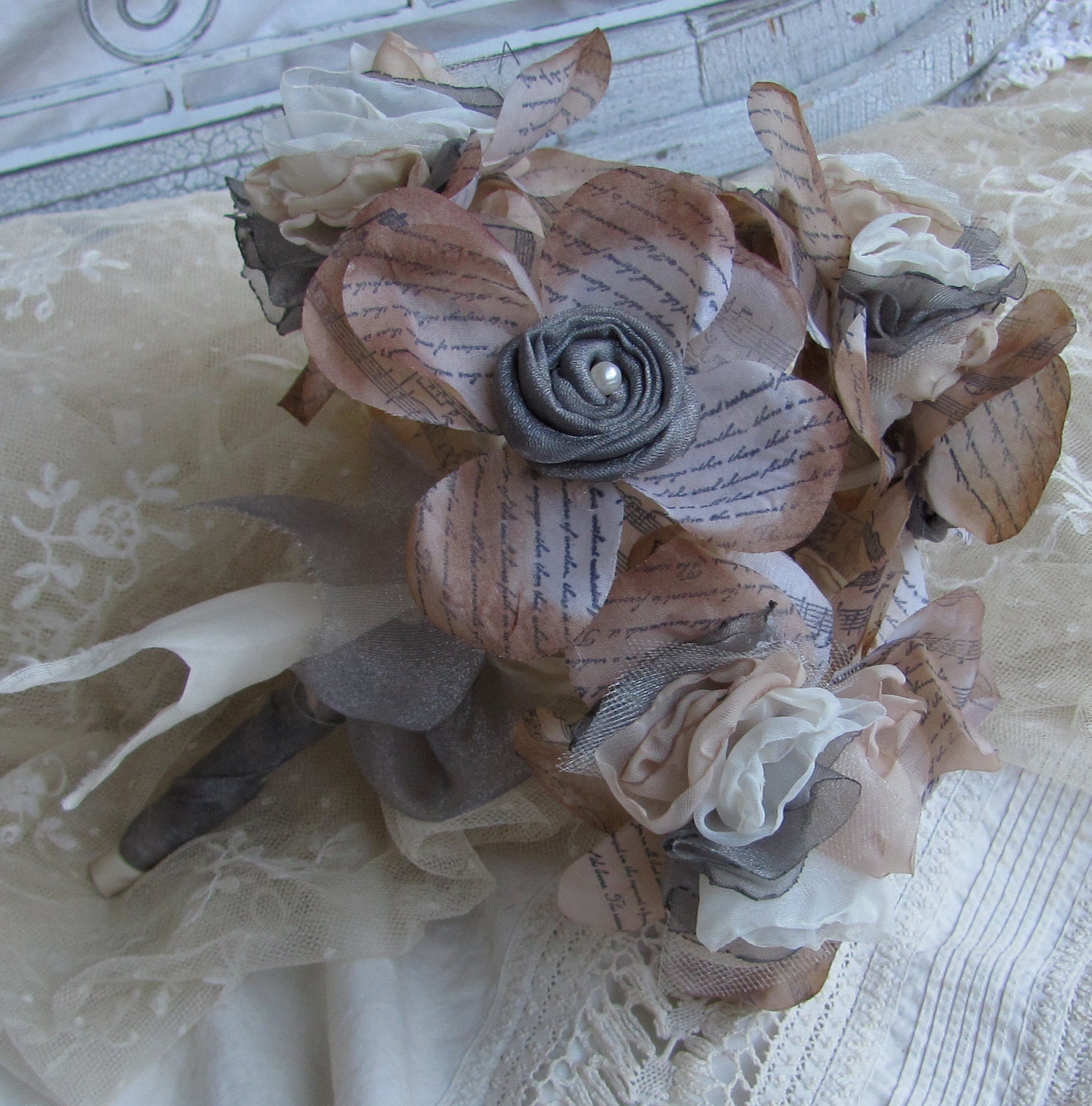Bridsmaid Flower Bouquet Gray, Ivory  and Beige Fabric and Hand stamped petals by My Broken Art on Etsy