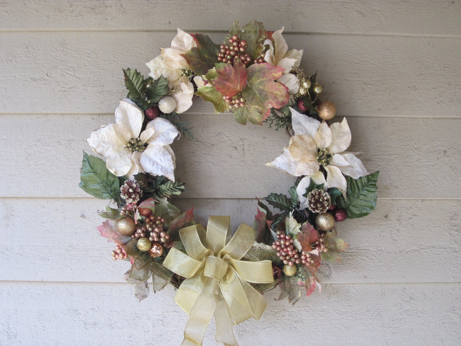 Frosted Leaves and Poinsettia Wreath