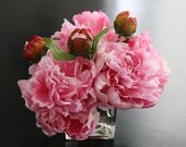 Fine Silk Floral Arrangement Faux Pink Peonies In Square Vase with Illusion Faux Water by PalmBeachFlowerGirl - SkyDesignsUSA