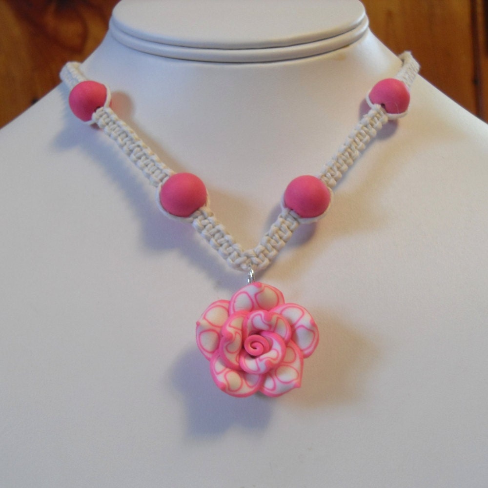 Pink and White Rose Hemp Necklace