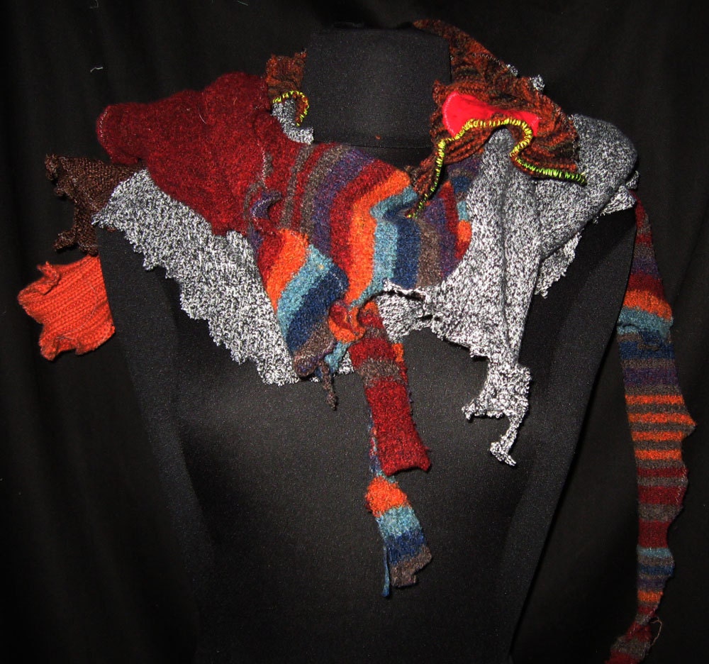 Funky Chunky scarf in brown cranberry grey tweed Upcycled one size fits all