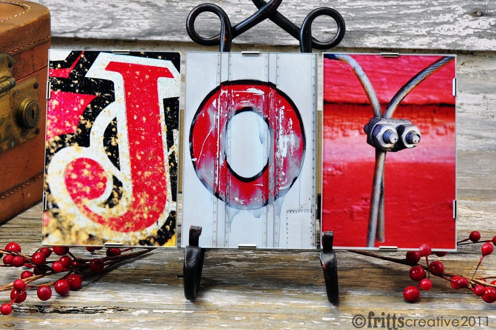 JOY Red Holiday Decor Framed , Alphabet Photography, 3 Photo Letters, Decoration