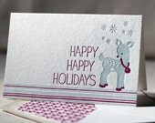 Letterpress Holiday Cards - Holiday Deer. Bamboo paper, patterned envelopes, set of 6 cards. 4F6T