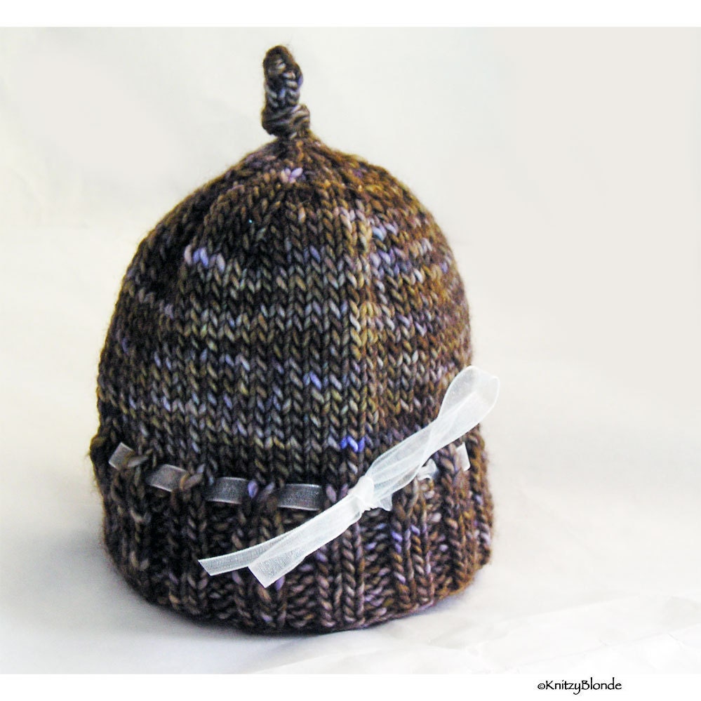 Knit Baby Hat, Photo Prop, Hand Dyed Premium Merino Wool Multi Color, Organza Ribbon, Brown Gold Lilac Violet