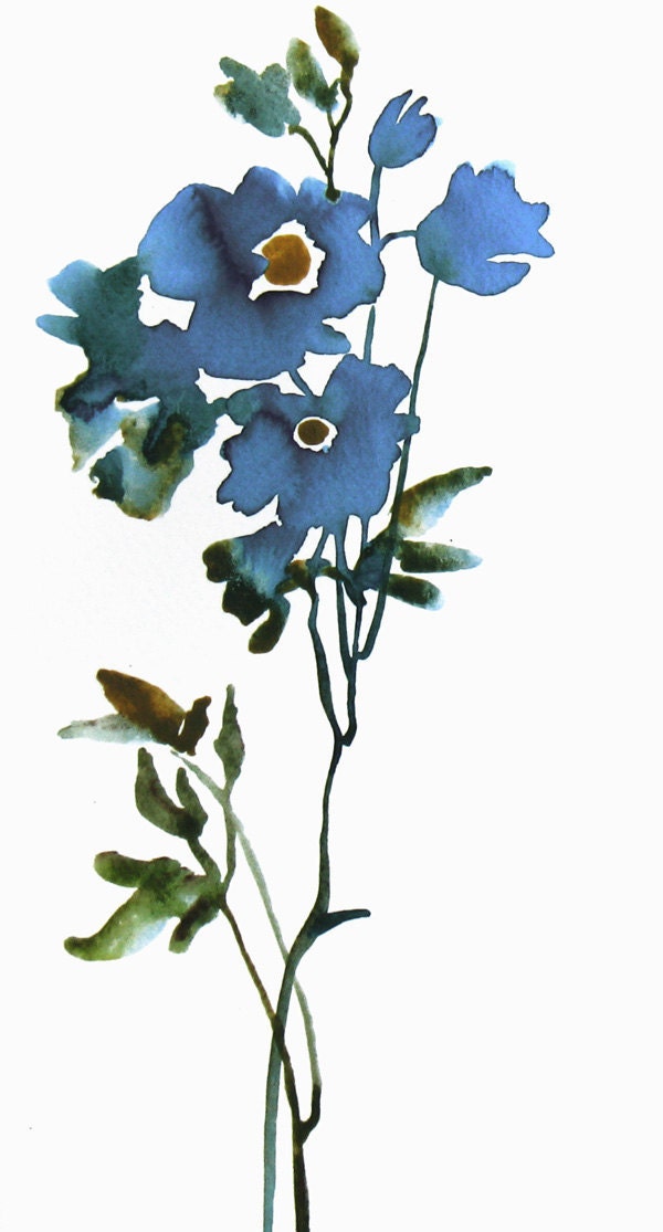 Blue Flower - Minimalist Art Watercolor Original Painting in Blue and Green - FluidColors