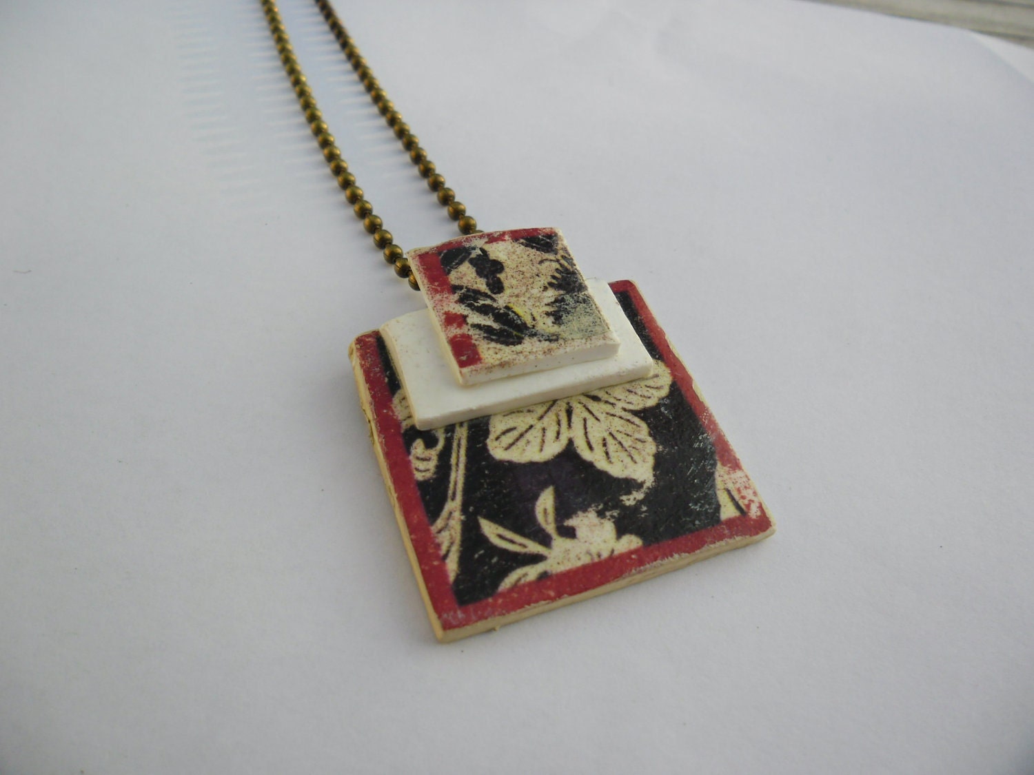 polymer clay pendant mixed media asian flowers