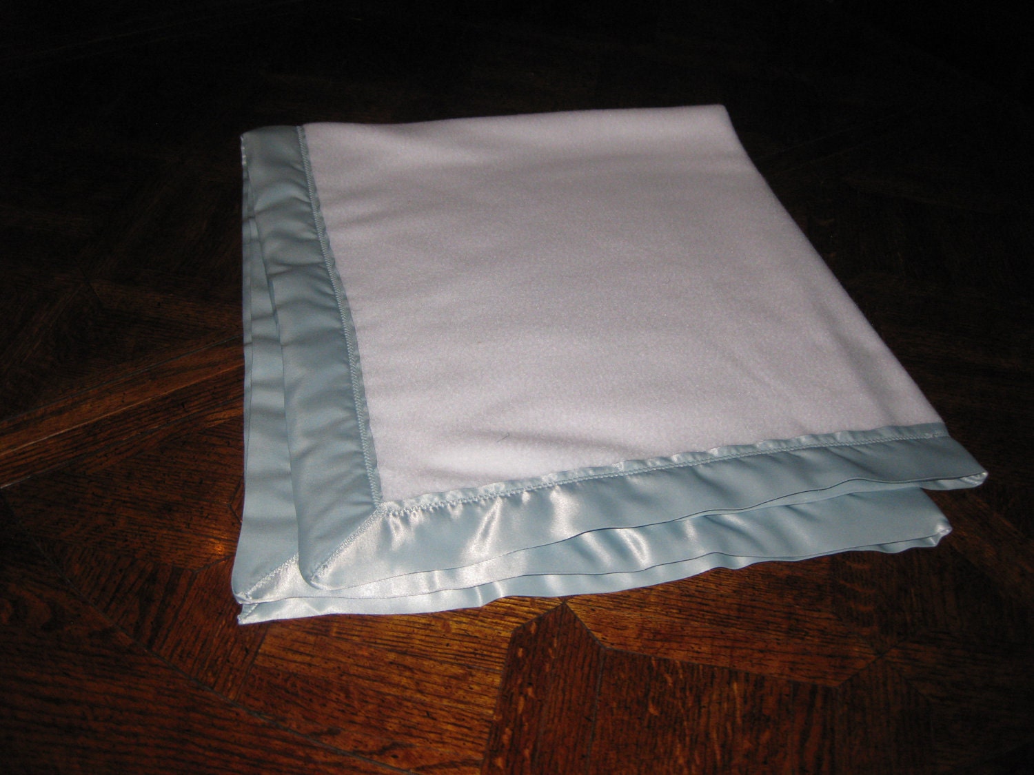 Baby Blanket -- White Fleece Satin Mint Blue Green Binding