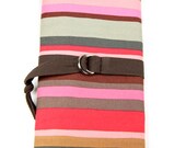 SHORT - Dpn or Circular Knitting Needle Organizer Case - PINK STRIPES - 24 brown pockets