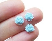 tiny blue vintage style plastic rose cabochons, 8 pcs