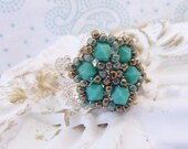 Silver Lace Ring with Green Turquoise Swarovski Crystal (adjustable)